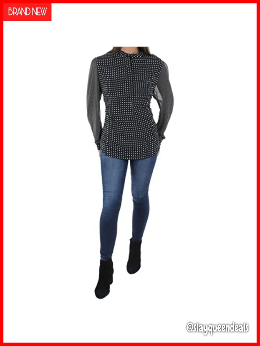 Anne Klein Long Sleeve Dot Print Tunic Top V-Neck Blouse